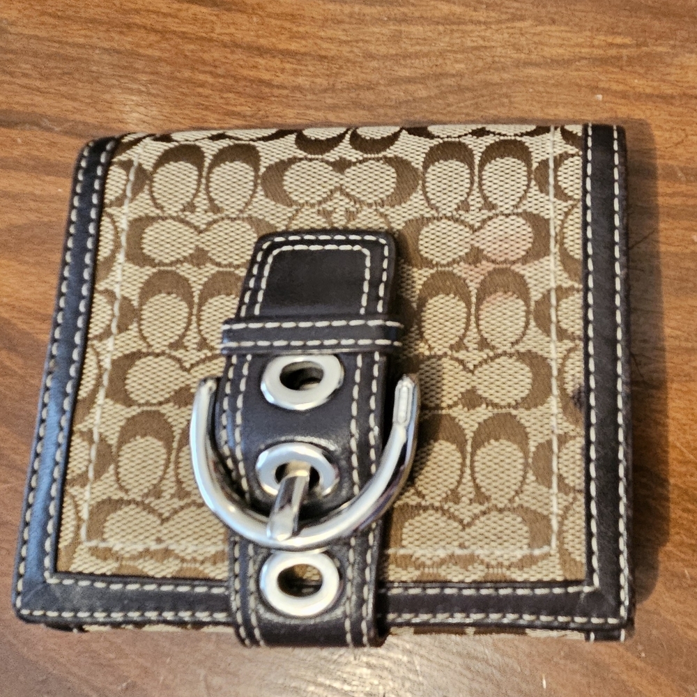 Coach Brown and Tan Wallet with Silver Accents, Including A Coach Scarf.